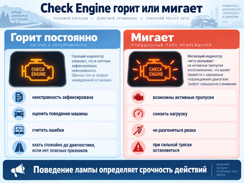 Сравнение: постоянно горящий Check Engine и мигающий — разная срочность действий