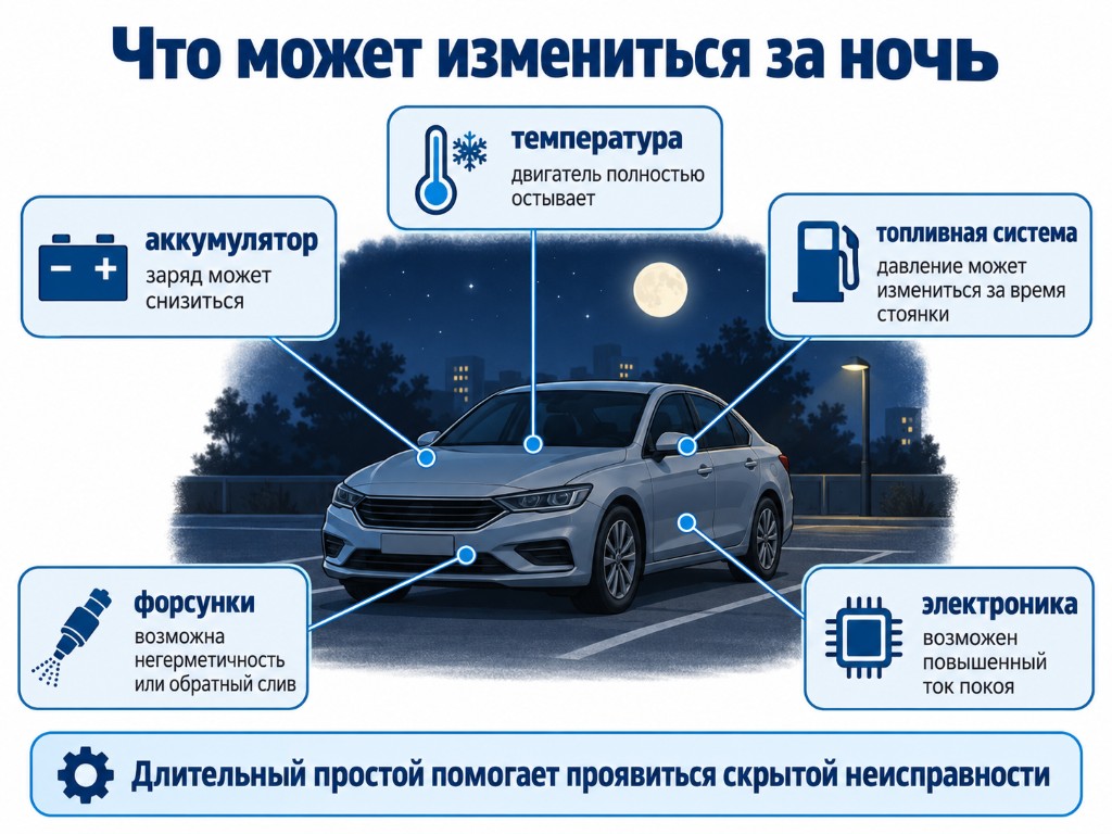 За ночь: заряд АКБ, температура двигателя, давление топлива, форсунки, ток покоя электроники