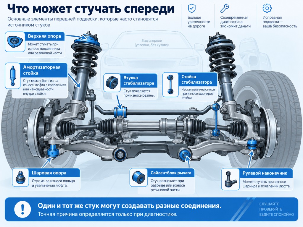 Схема передней подвески: стойка и втулка стабилизатора, шаровая, сайлентблок, рулевой наконечник, амортизатор, верхняя опора