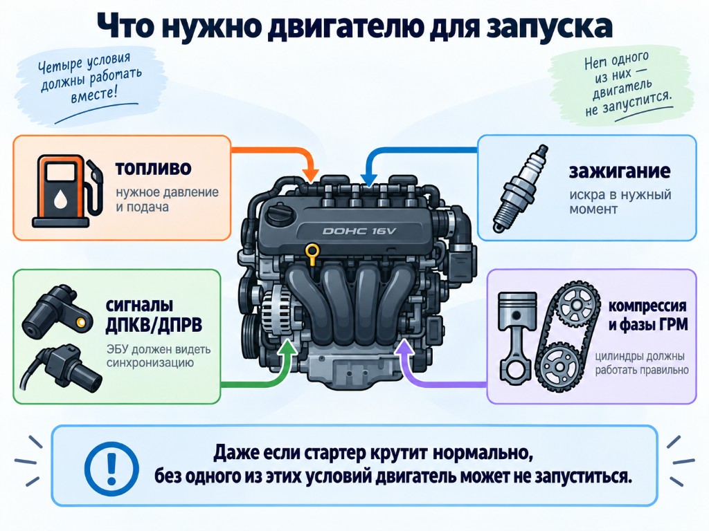 Схема: топливо, зажигание, сигналы ДПКВ/ДПРВ, компрессия и фазы ГРМ