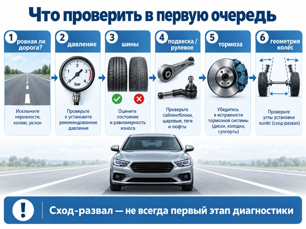 Последовательность: ровная ли дорога, давление, шины, подвеска и рулевое, тормоза, геометрия колёс