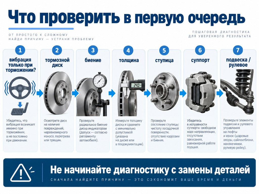 Диагностика: вибрация только при торможении, диск, биение, толщина, ступица, суппорт, подвеска и рулевое