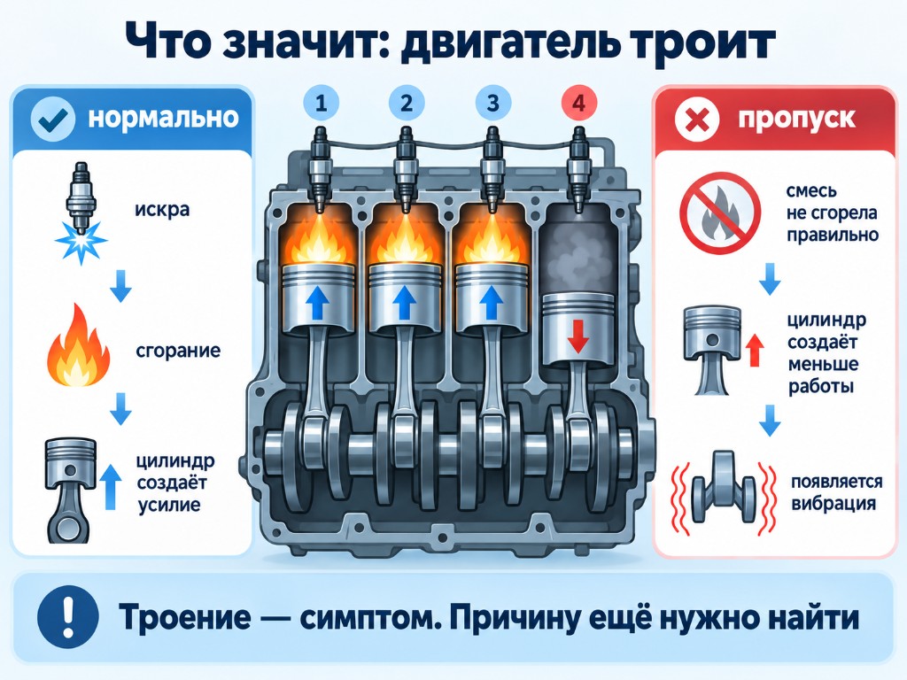 Схема: нормальное сгорание в цилиндре и пропуск — смесь не сгорела, меньше работы, вибрация