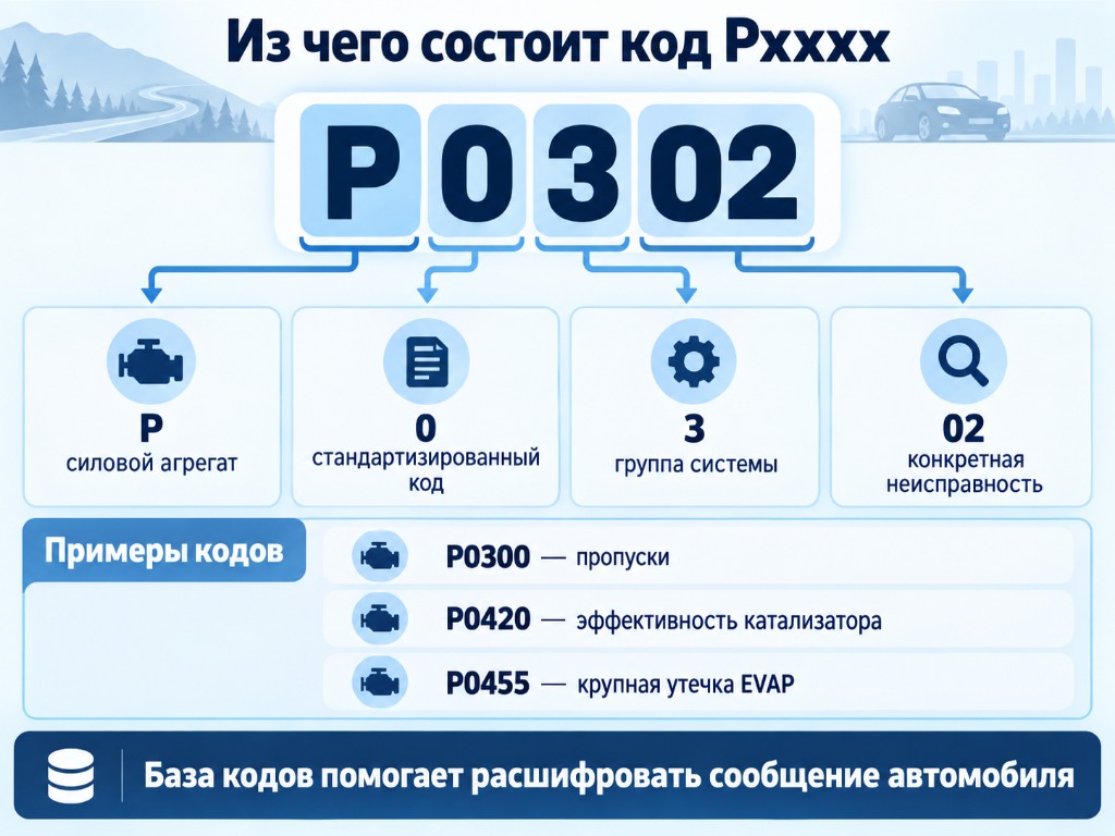 Разбор кода P0302: P — силовой агрегат, 0 — стандартизированный, группа системы и конкретная неисправность