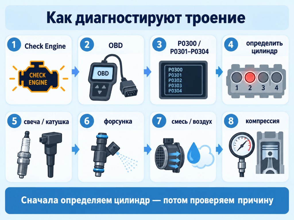 Последовательность: Check Engine, OBD, P0300–P0304, цилиндр, свеча/катушка, форсунка, смесь, компрессия