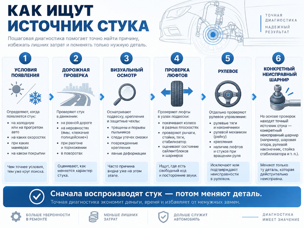 Диагностика: условия, дорожная проверка, осмотр, люфты, рулевое, конкретный шарнир
