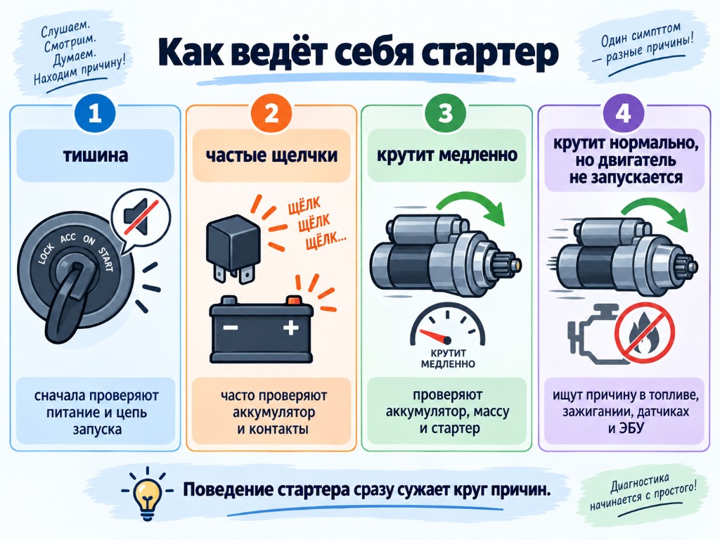 Четыре сценария поведения стартера: тишина, частые щелчки, крутит медленно, крутит нормально но двигатель не запускается