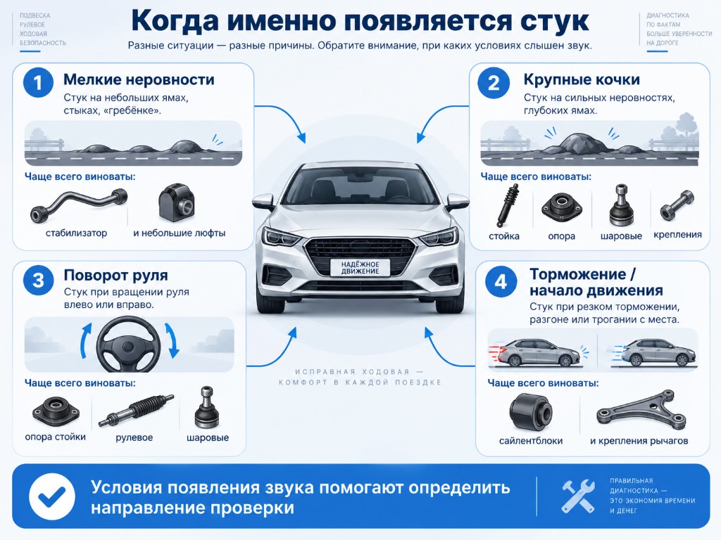 Сценарии: мелкие неровности, крупные кочки, поворот руля, торможение и начало движения