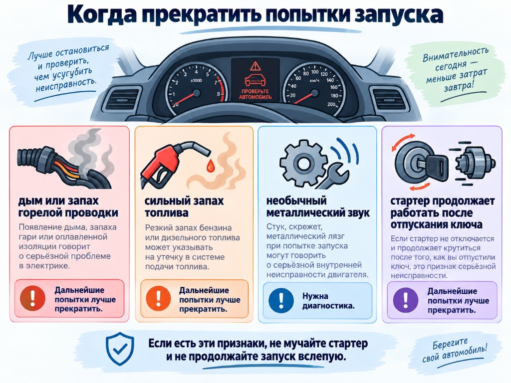 Предупреждения: дым или запах проводки, запах топлива, металлический звук, стартер не отключается