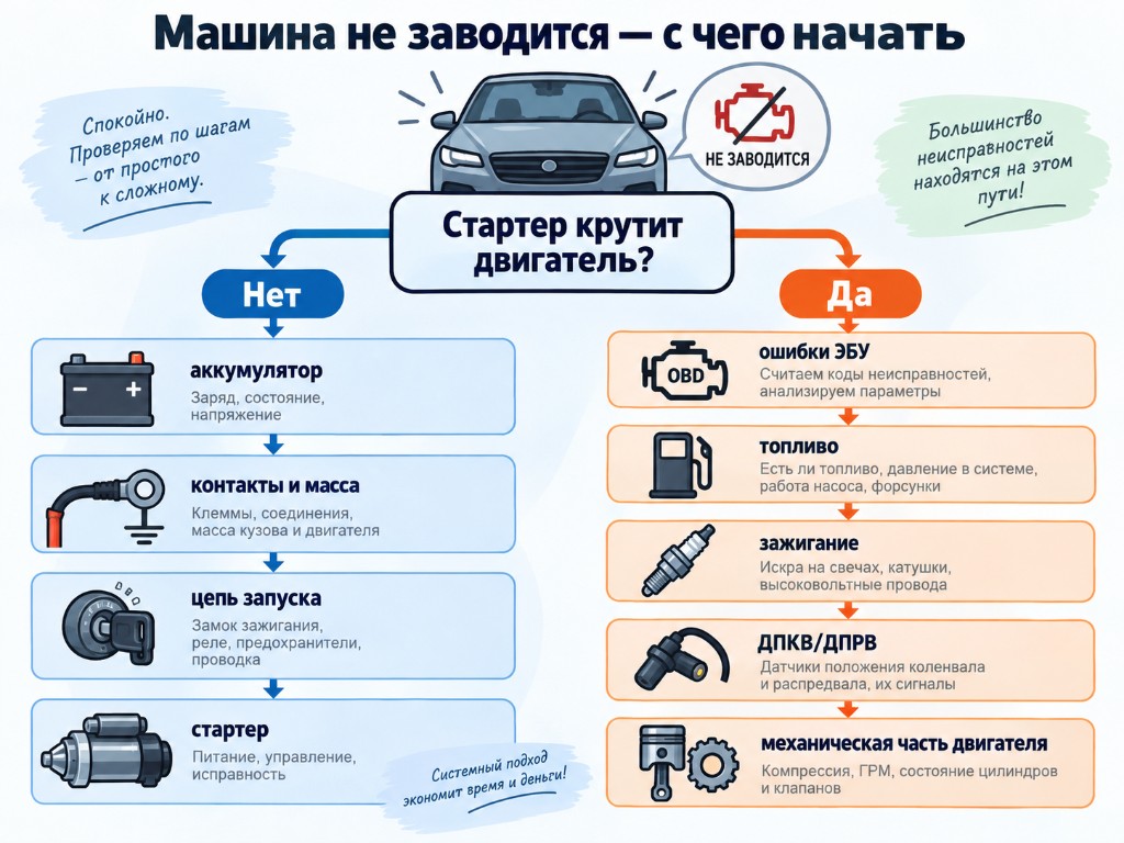 Диагностическая схема: стартер крутит двигатель или нет — ветки проверки аккумулятора, цепи запуска, топлива, зажигания и ДПКВ/ДПРВ