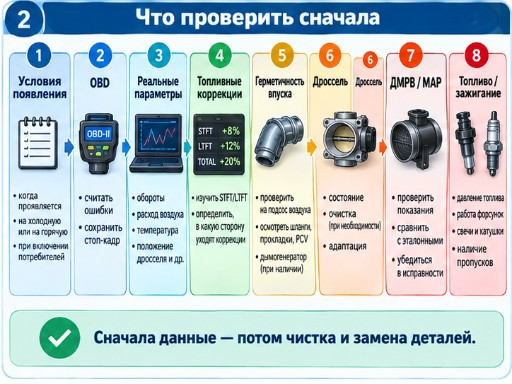 Условия, OBD, параметры, коррекции, впуск, дроссель, ДМРВ/MAP, топливо и зажигание