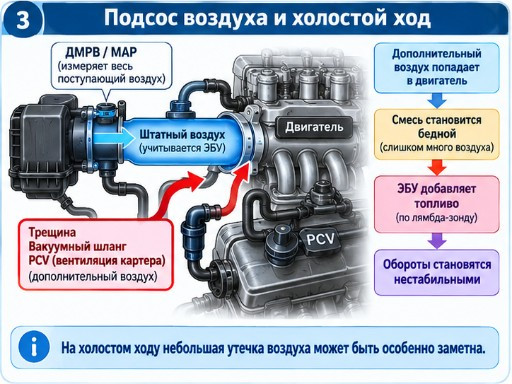 Неучтённый воздух через трещину, вакуумный шланг или PCV делает смесь бедной и раскачивает обороты