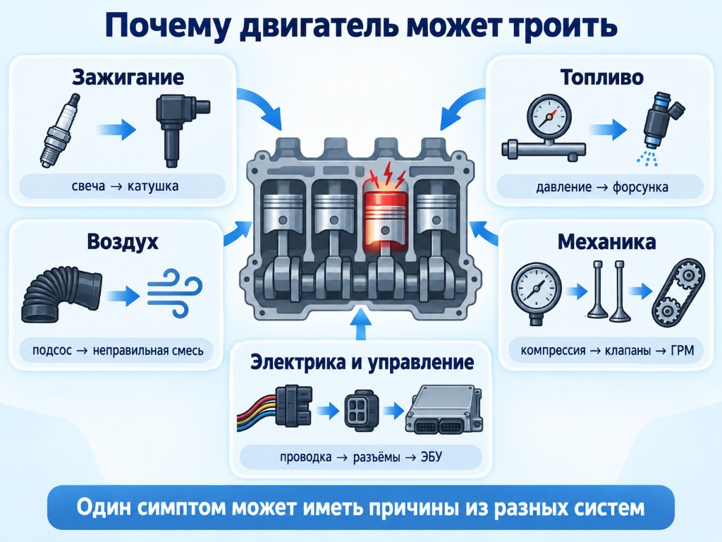 Причины троения: зажигание, топливо, воздух, механика, электрика и управление