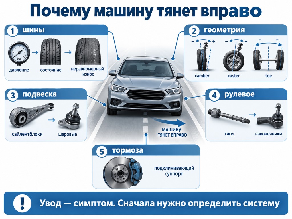 Диагностические ветки увода вправо: шины, геометрия, подвеска, рулевое, тормоза