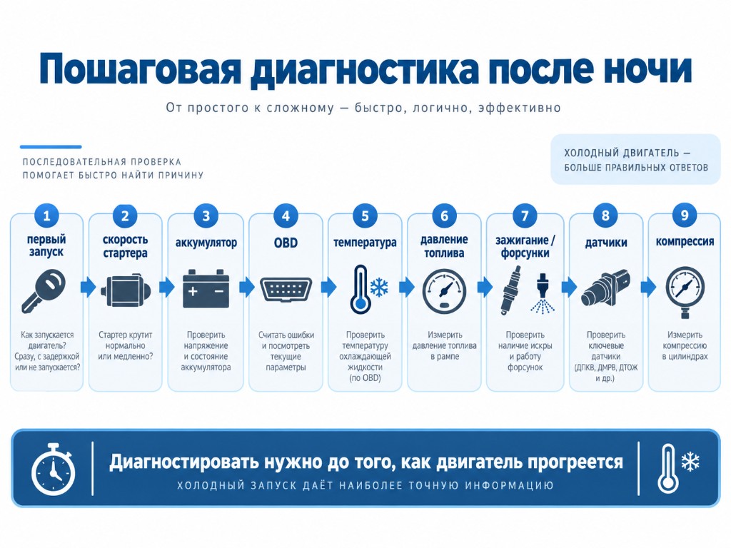 Первый запуск, скорость стартера, АКБ, OBD, температура, давление топлива, зажигание, датчики, компрессия