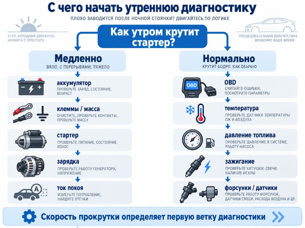 Как утром крутит стартер: медленно — аккумулятор и питание; нормально — топливо, зажигание, датчики